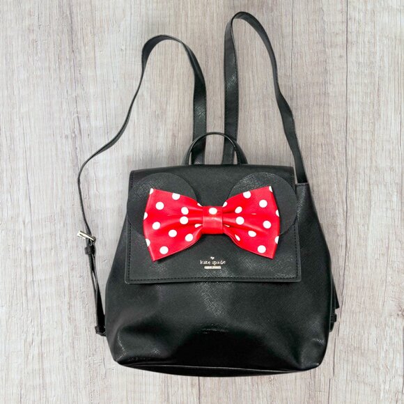 Kate Spade x Disney Minnie Mouse Black Leather Backpack with Red Polka Dot Bow - Picture 3 of 12